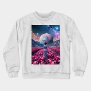 Woman in a field of pink flowers - surrealism art Crewneck Sweatshirt